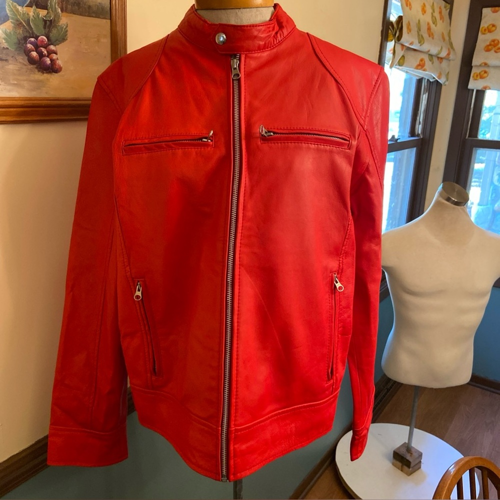 Red Leather Jacket with Sporty Design and Stand-Up Collar